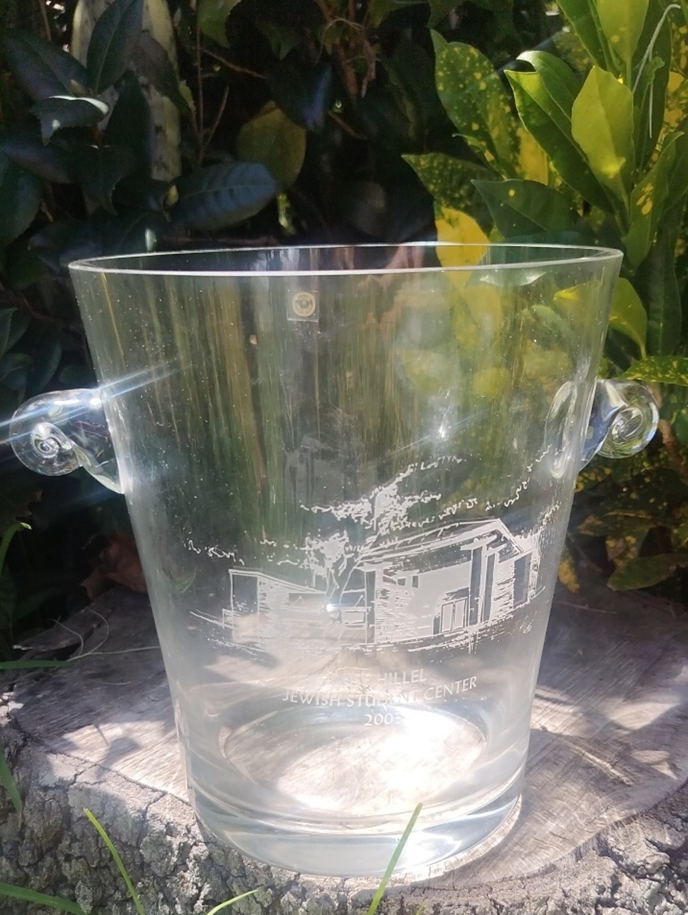 Clear Glass Ice Bucket with Handles - USF Hillel Jewish Student Center 2005 Engr
